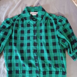 Castleberry Green Black Plaid Long Sleeve Vintage Blouse MADE In USA Size 6